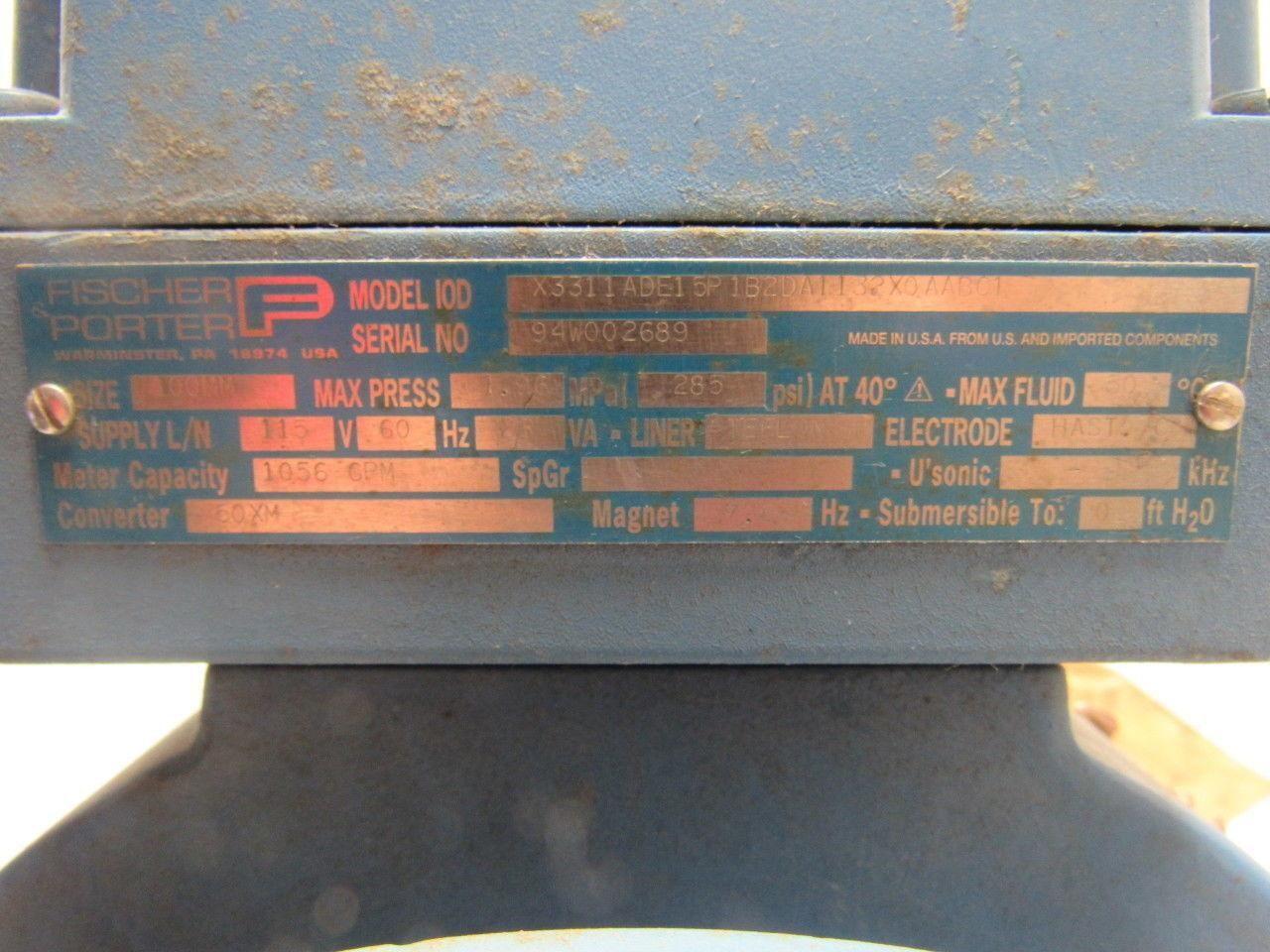 FISCHER PORTER X3311ADE15P1B2DA1132XOAABC1 100MM Flow Meter 1056GPM Max PTFE