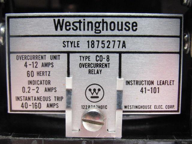 Westinghouse Style 1875277A Type C0-8 Over Load Relay Instantaneous 40-160A