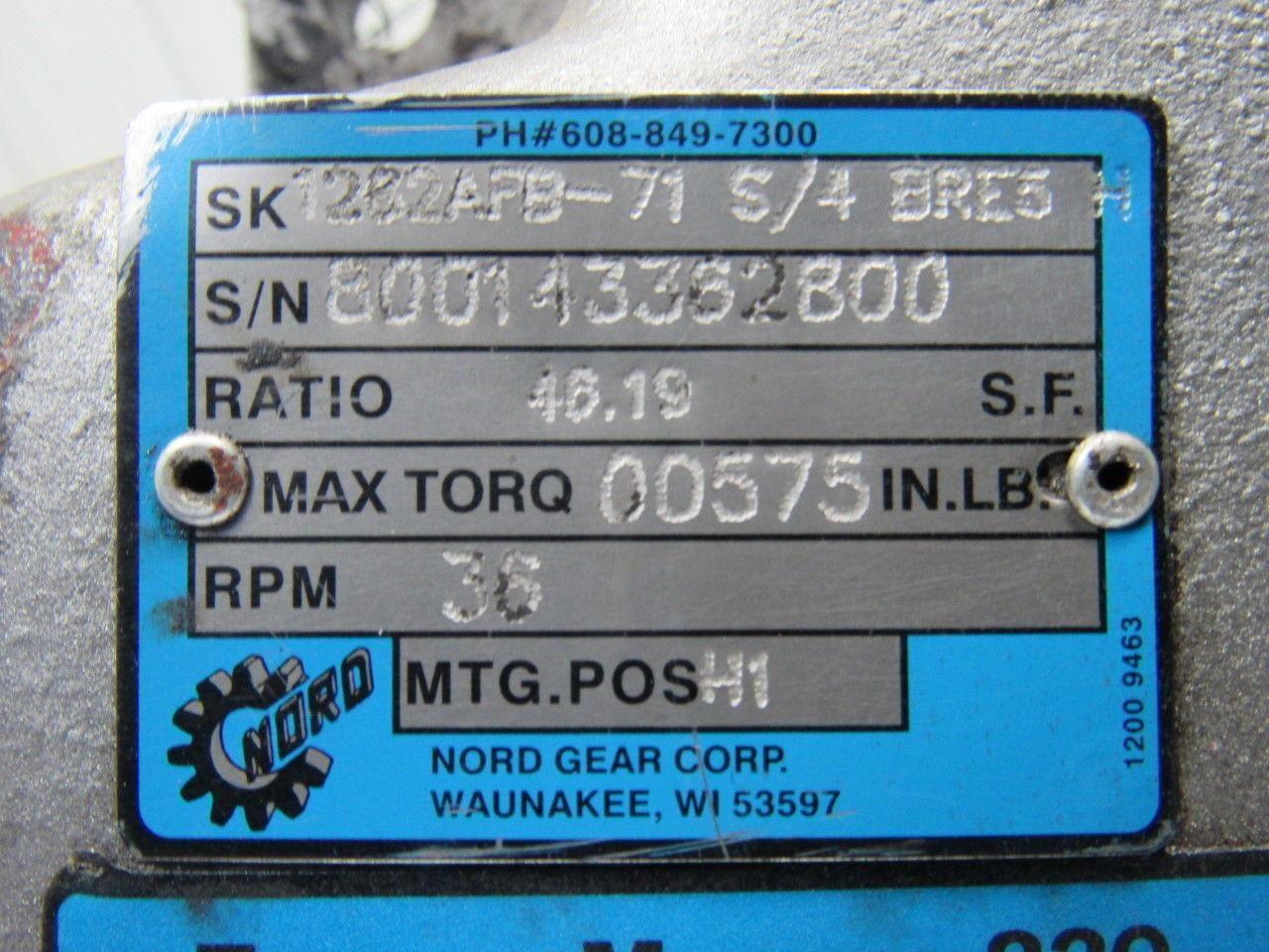 Nord Drive Systems 1282AFB-71S/4 BRE5 46.19:1 Ratio 1/3Hp Gear Speed Reducer