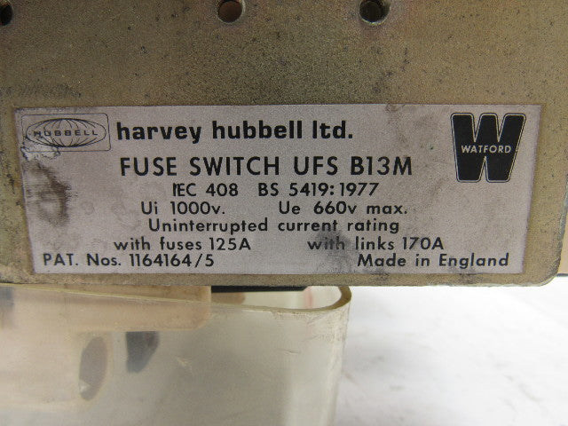 Hubbell USF-B13M 125A Ui 1000V Ue 660V Fused Disconnect W/Door Handle