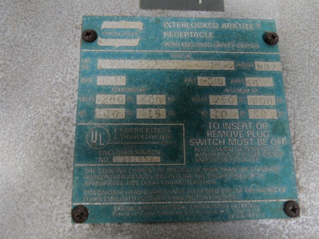 Crouse-Hinds WSR6352 Mod 82 60A 600V Arktite Fusible Interlock Switch Receptacle