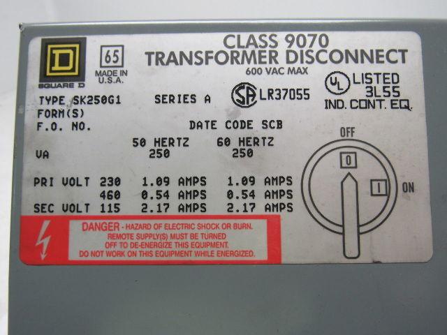 Square D SK250G1 Ser A Class 9070 Transformer Disconnect 230/460V Pri 115V Sec.