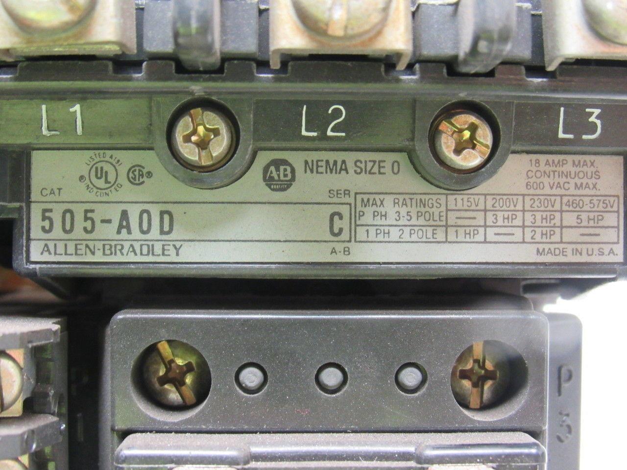 A-B Allen Bradley 505-AOD Series C Reversing Motor Starter W/Overload Size 0