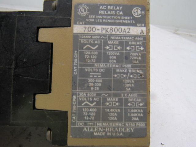 A-B Allen Bradley 700-PK800A2 Control Relay 230-240V Coil 56/60 Hz