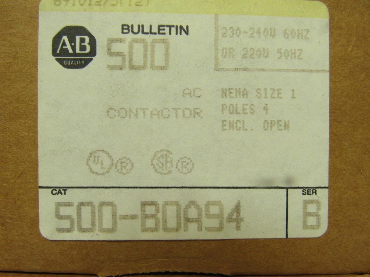 A-B Allen Bradley 500-B0A94 Series B AC Contactor 230-240V Coil 50/60 HZ Size 1