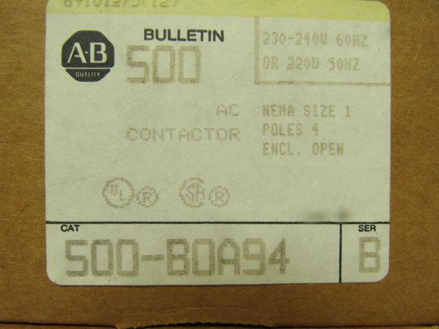 A-B Allen Bradley 500-B0A94 Series B AC Contactor 230-240V Coil 50/60 HZ Size 1