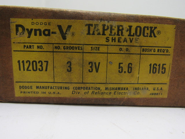 Dodge DYNA-V 112037 3 Groove 5.6" Pulley/Sheave 1615 Bushed Bore 3-3V5.6