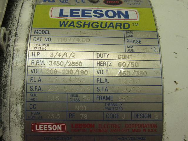 Leeson 116774.00 C6T34WC14C 3/4HP 3450RPM 208-230/460V 3PH Electric Motor