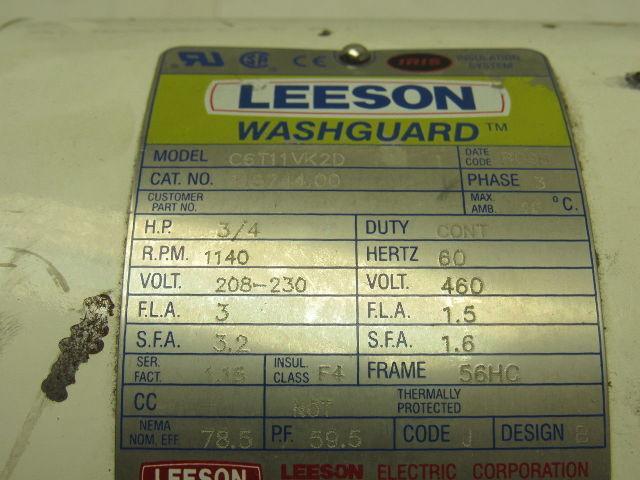 Leeson 115744.00 C6T11VK2D 3/4HP 1140RPM 208-230/460V 3PH Electric Motor