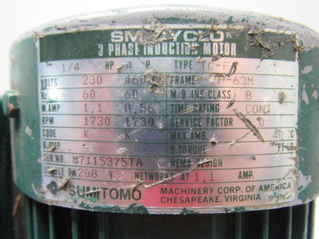 Sumitomo SM-Cyclo CNHM024075YA21 1/4HP Gear Motor 21:1 Ratio 208-230/460V 3Ph