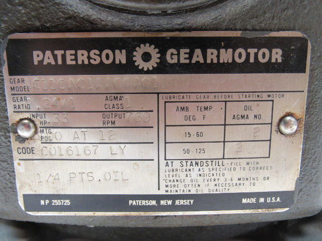 Paterson NC119AC1AA00A01 2.24/1 Gearmotor 769 Output RPM 1/3HP 208-230/460V 3PH
