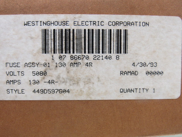 Westinghouse 449D597G04 Single Barrel Ferrule Mounted R-Rated Fuse 130A