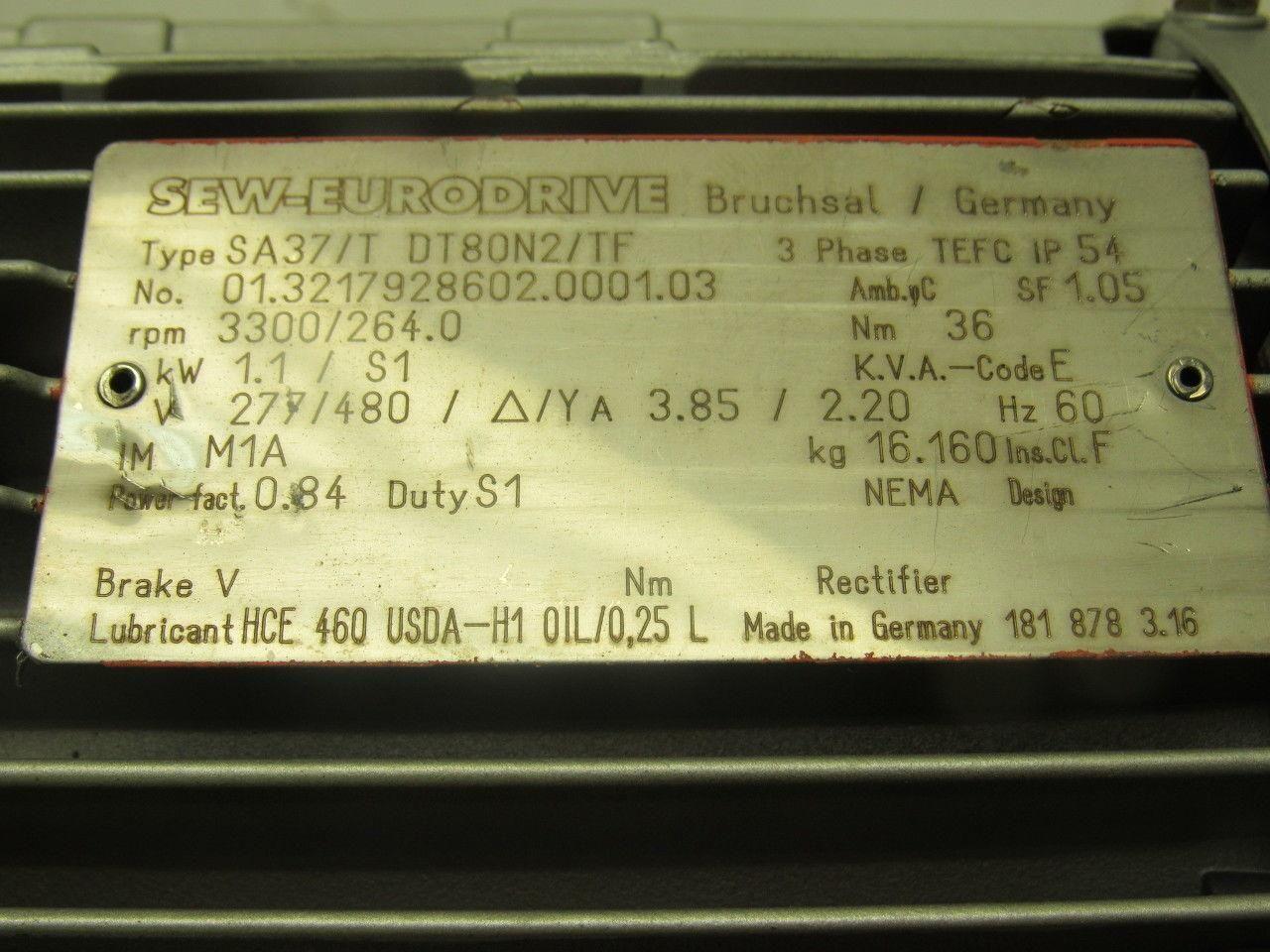SEW-EURODRIVE SA37/T DT80N2/TF Reducer Gearmotor 1.1kW 3300RPM 277/480V 264RPM