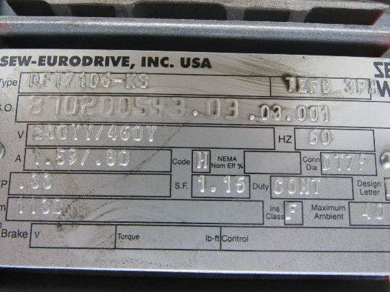 SEW-EURODRIVE FAZ57DT71D6-KS Gear Motor .33HP 3PH 230/460V 157.09:1 Ratio