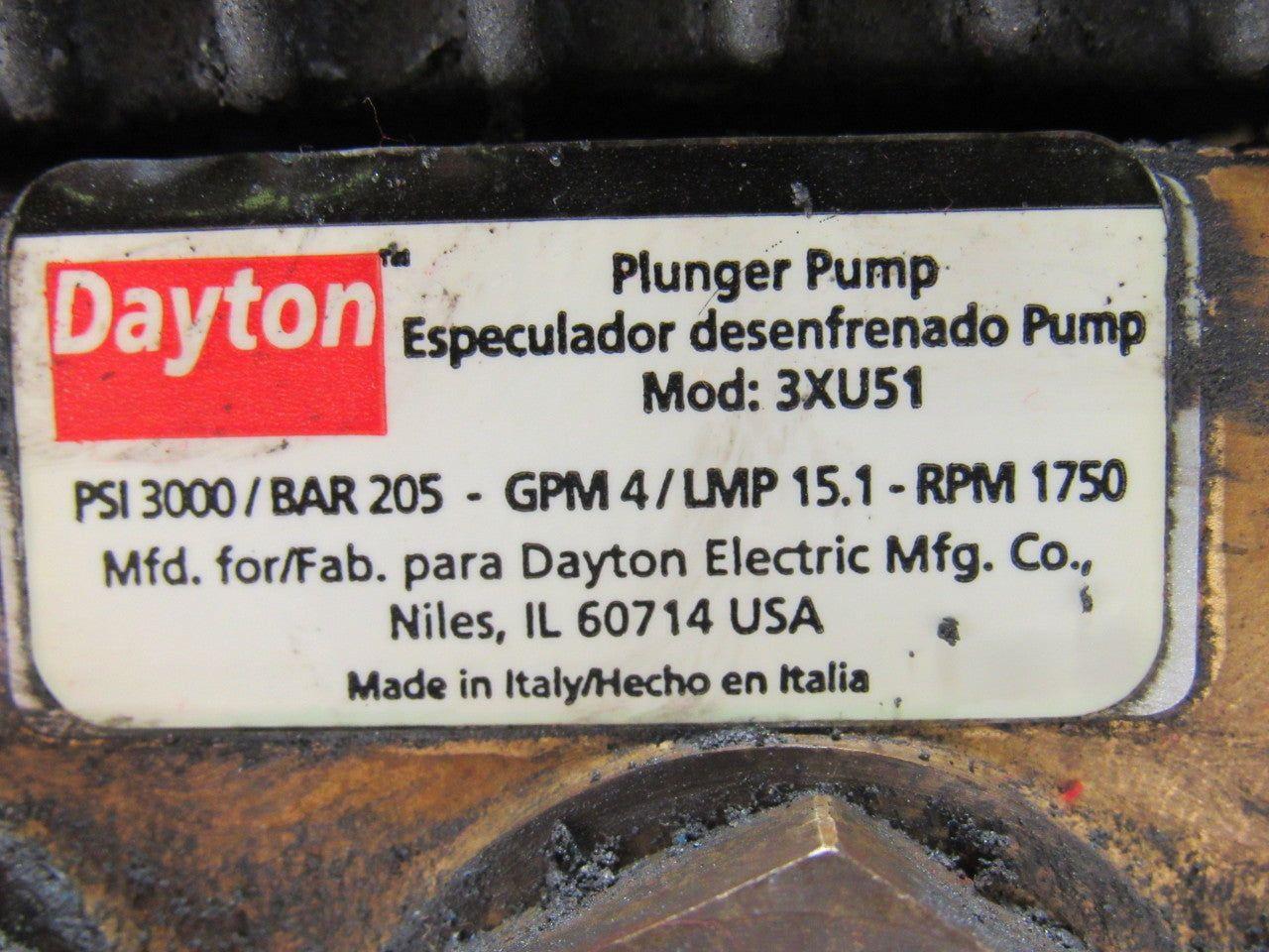 DAYTON 3XU51 4 GPM Plunger Pump 3000PSI 1750RPM Belt Drive 24mm Shaft