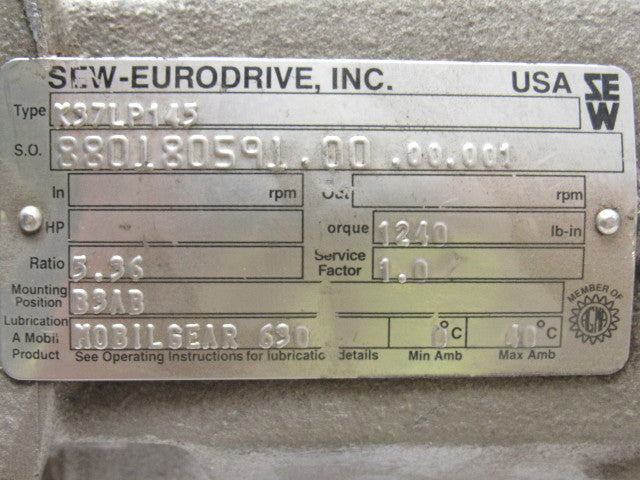 SEW-EURODRIVE K37LP145 5.36:1 Ratio Double Shaft Gear Box Speed Reducer
