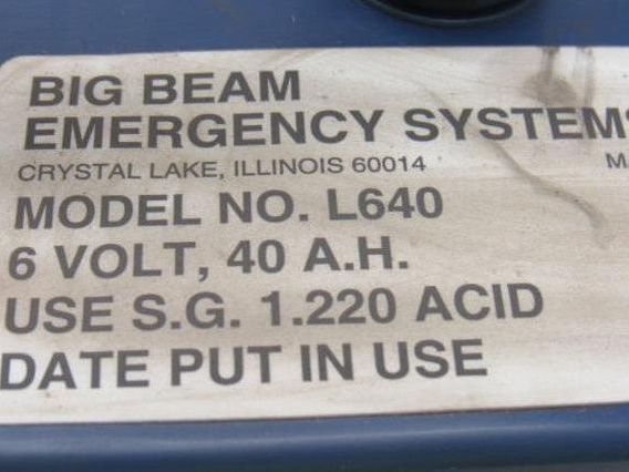 BIG BEAM EMERGENCY SYST. L640 6 VOLT Lead Acid Emergency Battery 40 A.H. Lot/1