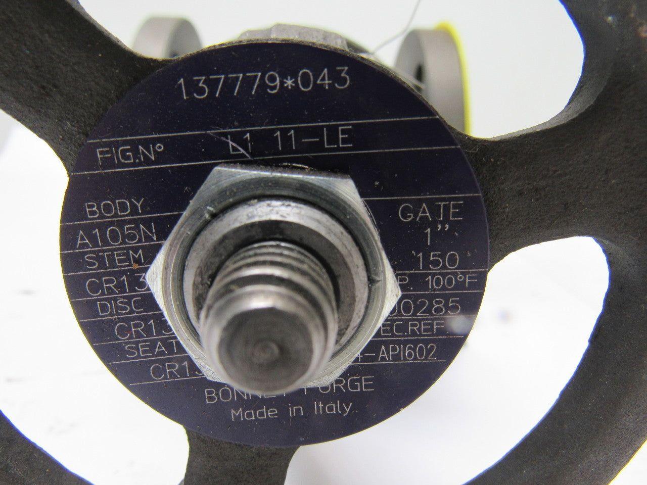 Bonney L1-11-LE Forged Steel Gate Valve 1" Flanged 150# Raised Face A105N