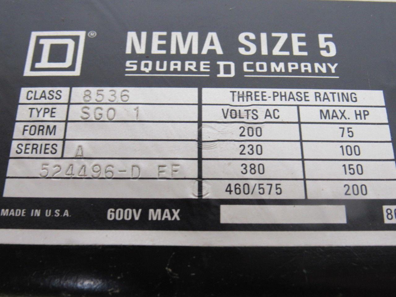 Square D 524496-D EF Size 5 Starter Class 8536 Type SG01 Ser. A 600v max