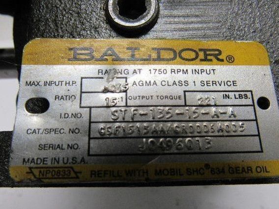 Baldor STF-135-15-A-A 15:1 Ratio 0.46hp Worm Gear Box Speed Reducer 56C
