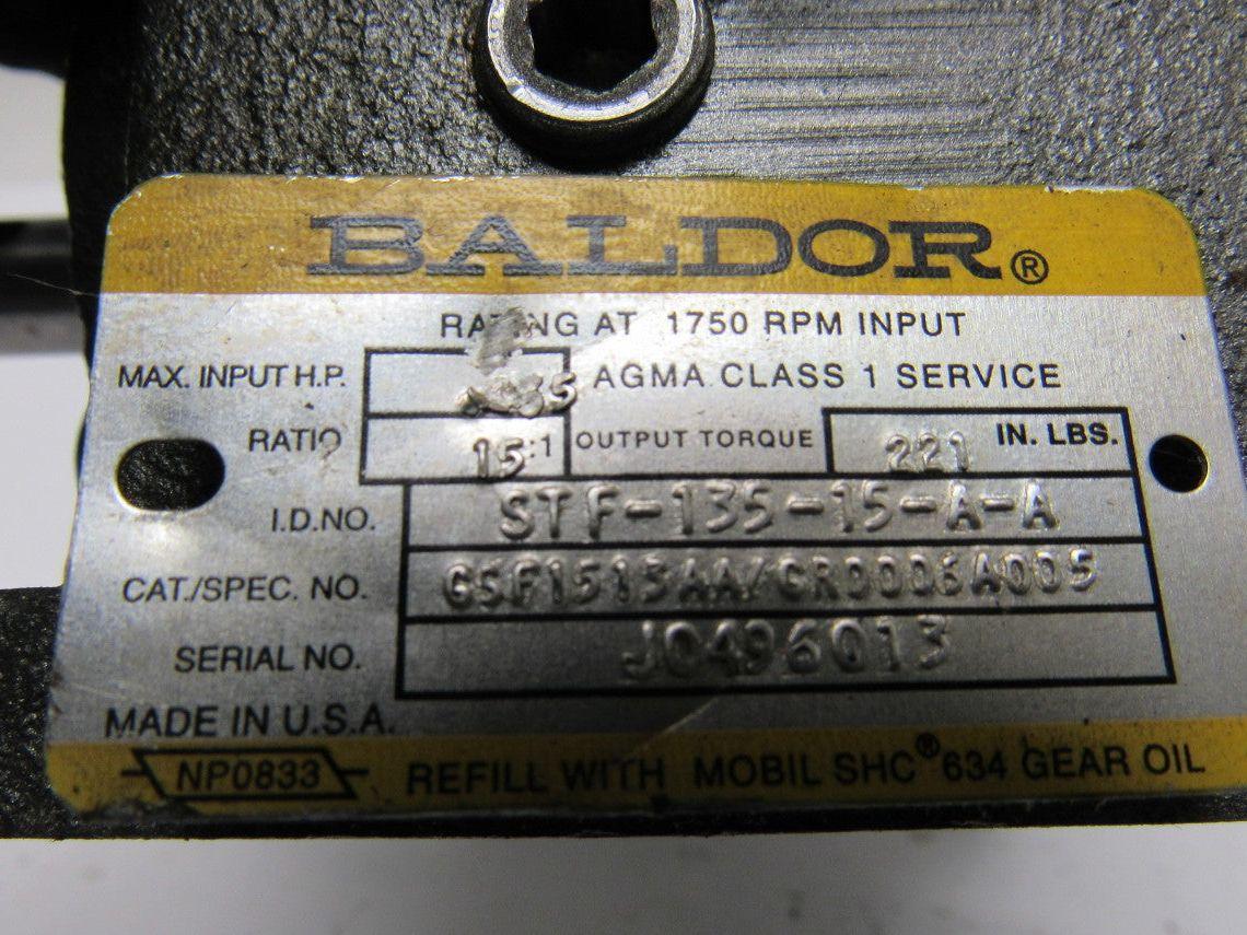 Baldor STF-135-15-A-A 15:1 Ratio 0.46hp Worm Gear Box Speed Reducer 56C