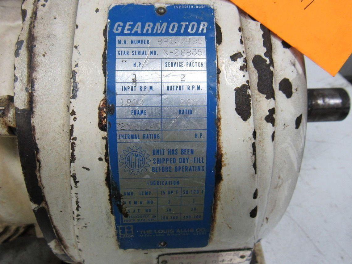 Louis Allis 8P16/495 1HP 1735 RPM 6.2:1 Ratio 280 Output RPM Electric Gearmotor