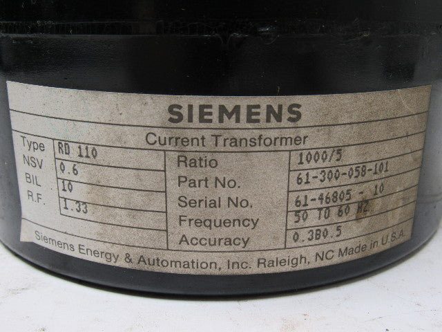 Siemens 61-300-058-101 Type RD-110 Current Transformer Ratio 1000/5 50/60Hz