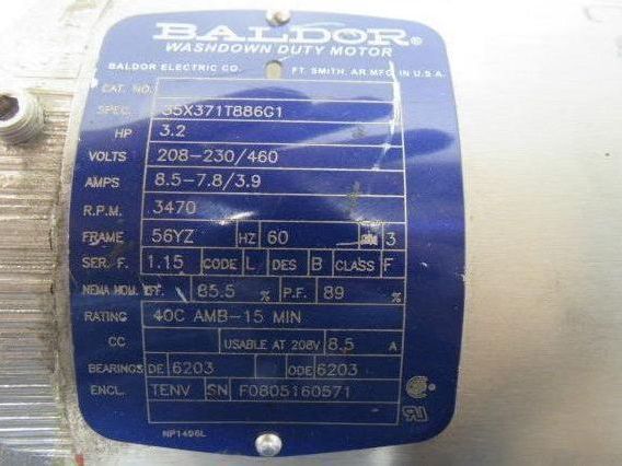 Baldor 3.2HP 3PH 208-230/460V 3470RPM Electric Washdown Motor