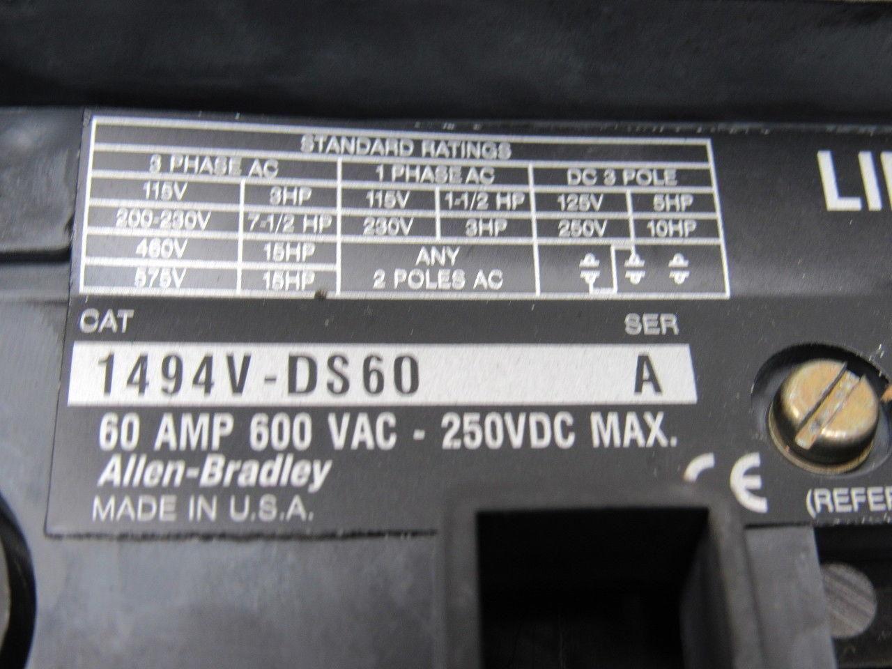 Allen Bradley 1494V-DS60 Ser A Disconnect Switch 60A 600V Non-Fused Left Hand