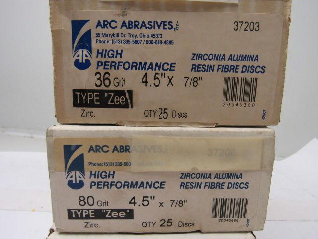 ARC Zirconia Alumina Resin Fiber Sanding Disc 4.5"x7/8" 36 & 80 Grit Lot of 75