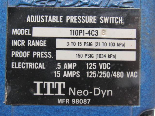 ITT 110P1-4C3 Neo-Dyn 3-15 PSIG 125VDC 125/250/480VAC Adjustable Pressure Switch