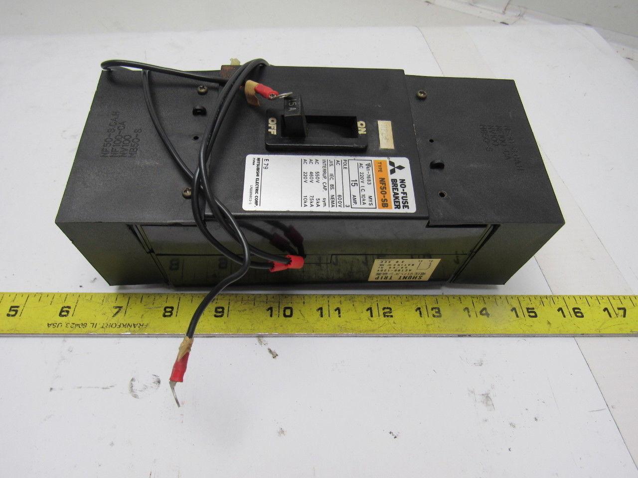 Mitsubishi NF50-SB 15 Amp 3 Pole 220VAC No Fuse Circuit Breaker