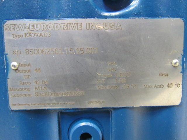 Sew Eurodrive KA77AD3 40:1 44RPM Out 13,717 Ft/Lbs Torque Left Hand Gear Reducer