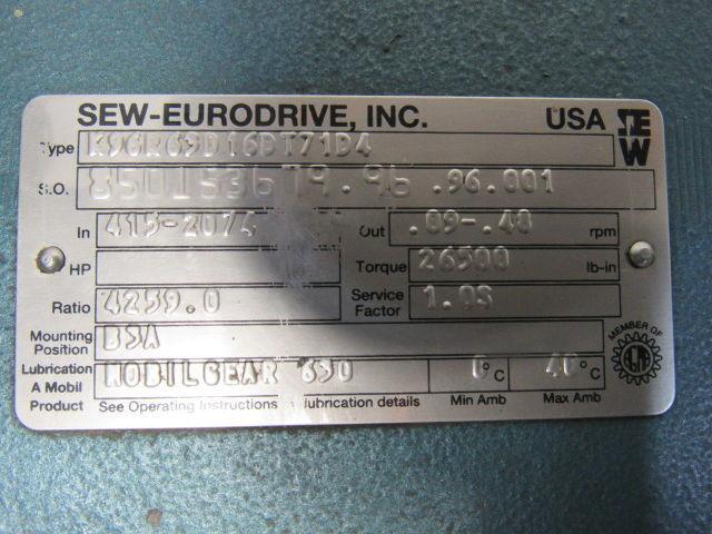 Sew Eurodrive K96R63D16DT71D4 4259:1 26500# Output LH VariSpeed Reducer 230/460V