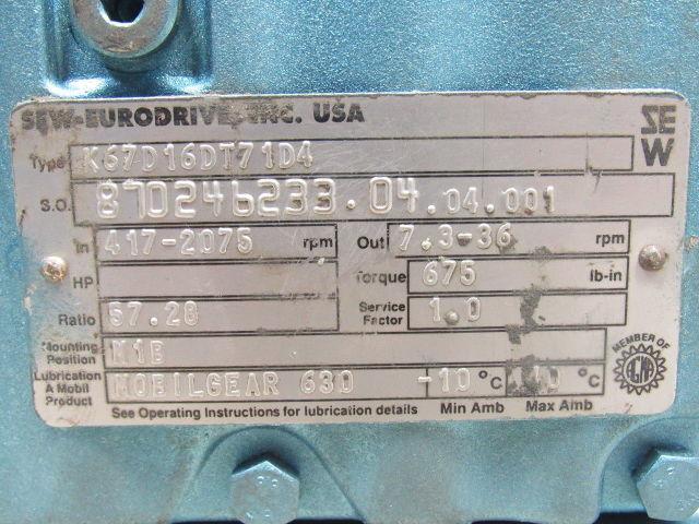 Sew Eurodrive K67D16DT71D4 57.28:1 Ratio .5 Hp 675 lb-in RH Angle Gear Reducer