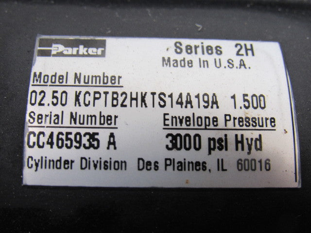 Parker 2-1/2" Bore 1-1/2" Stroke Series 2H Double Ended Hydraulic Cylinder
