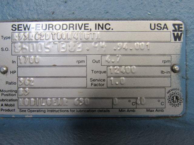 SEW-EURODRIVE DFT80M416TN Gearmotor 1HP 12400 lb-in Torque 4.7RPM 230/460V