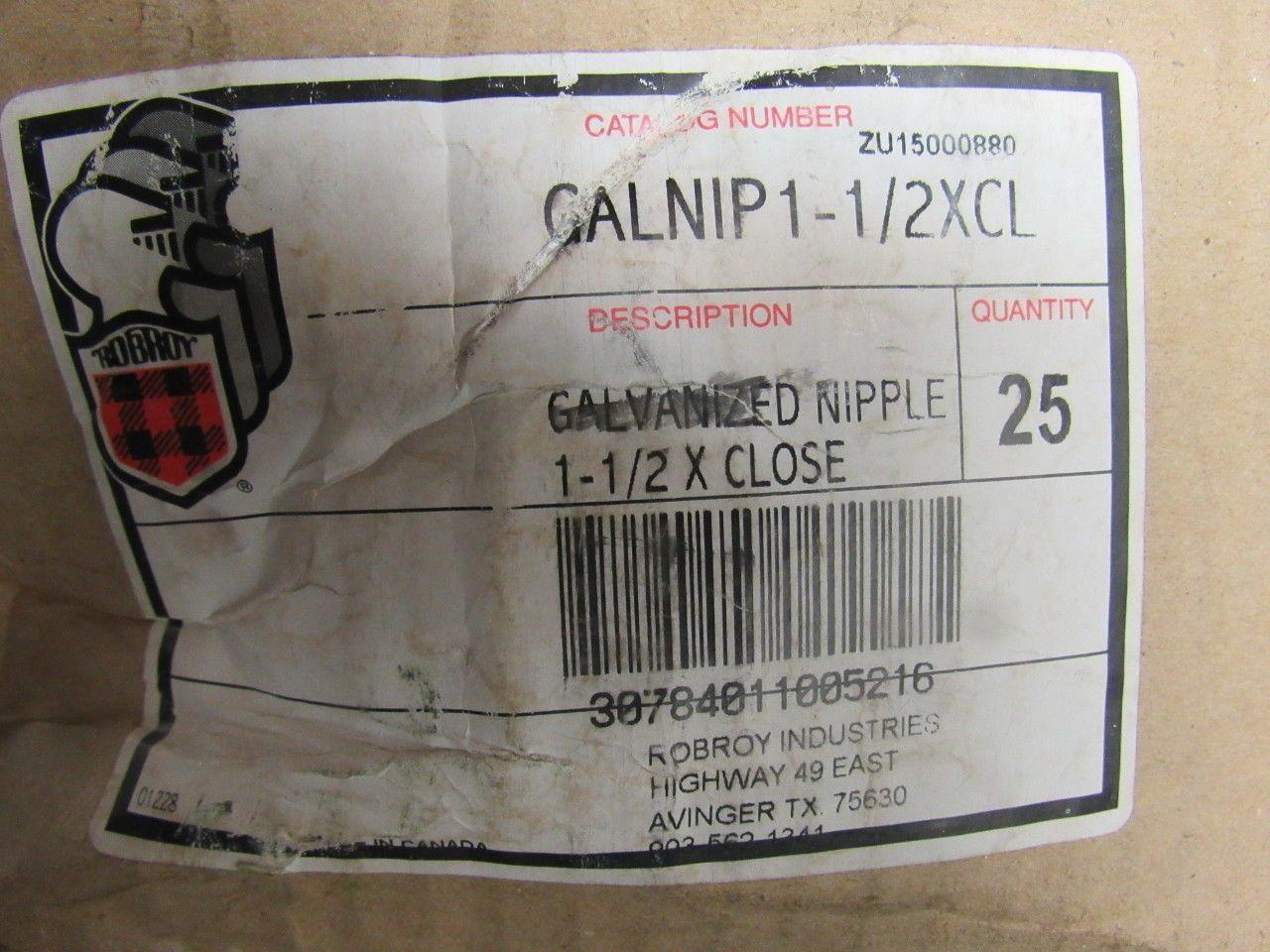Robroy GALNIP1-1/2 XCL Galvanized Nipple 1-1/2" Closed Lot of 25