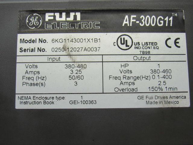 Ge Fuji 6KG1143001X1B1 1HP AC Drive AF-300G11 3PH 380/480 50/60Hz 2.9A