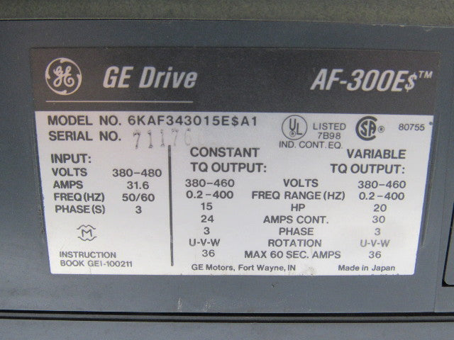 GE General Electric 6KAF343015E$A1 AF-300E$ AC Drive 20/25 HP. 380-480 V 3 PH