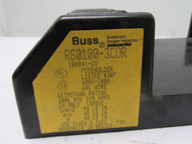 Buss R60100-3COR 3 Pole Class R Fuse Holder Block 600V 100A