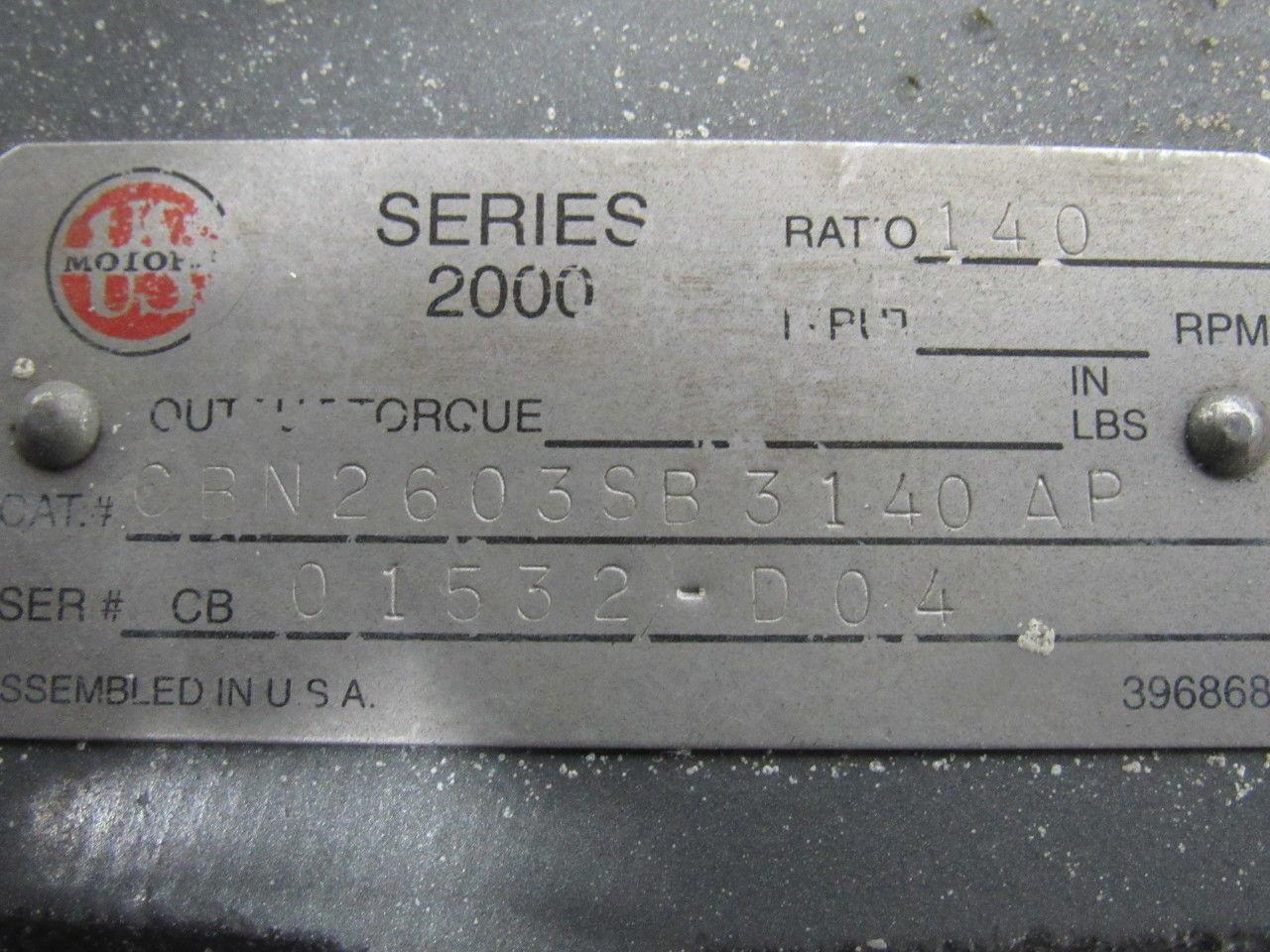 US Motors CBN2603SB3140AP Inline Gear Reducer Gear Motor 140:1 Ratio 3Hp