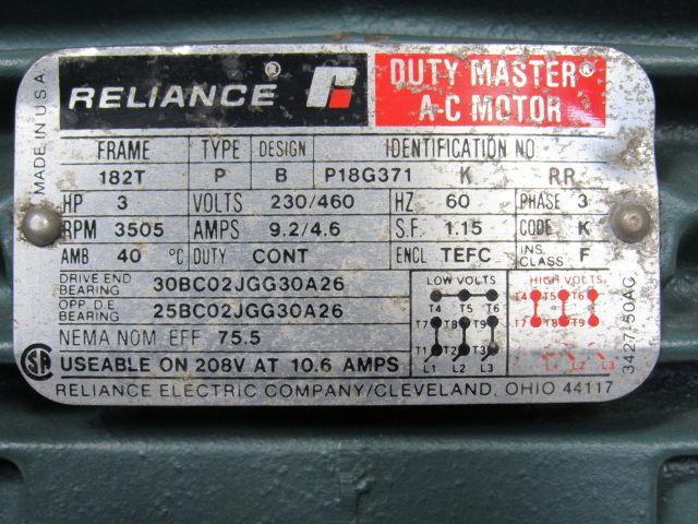 Reliance Electric P18G371K 3HP 3PH 230/460V 3505RPM Motor 182T