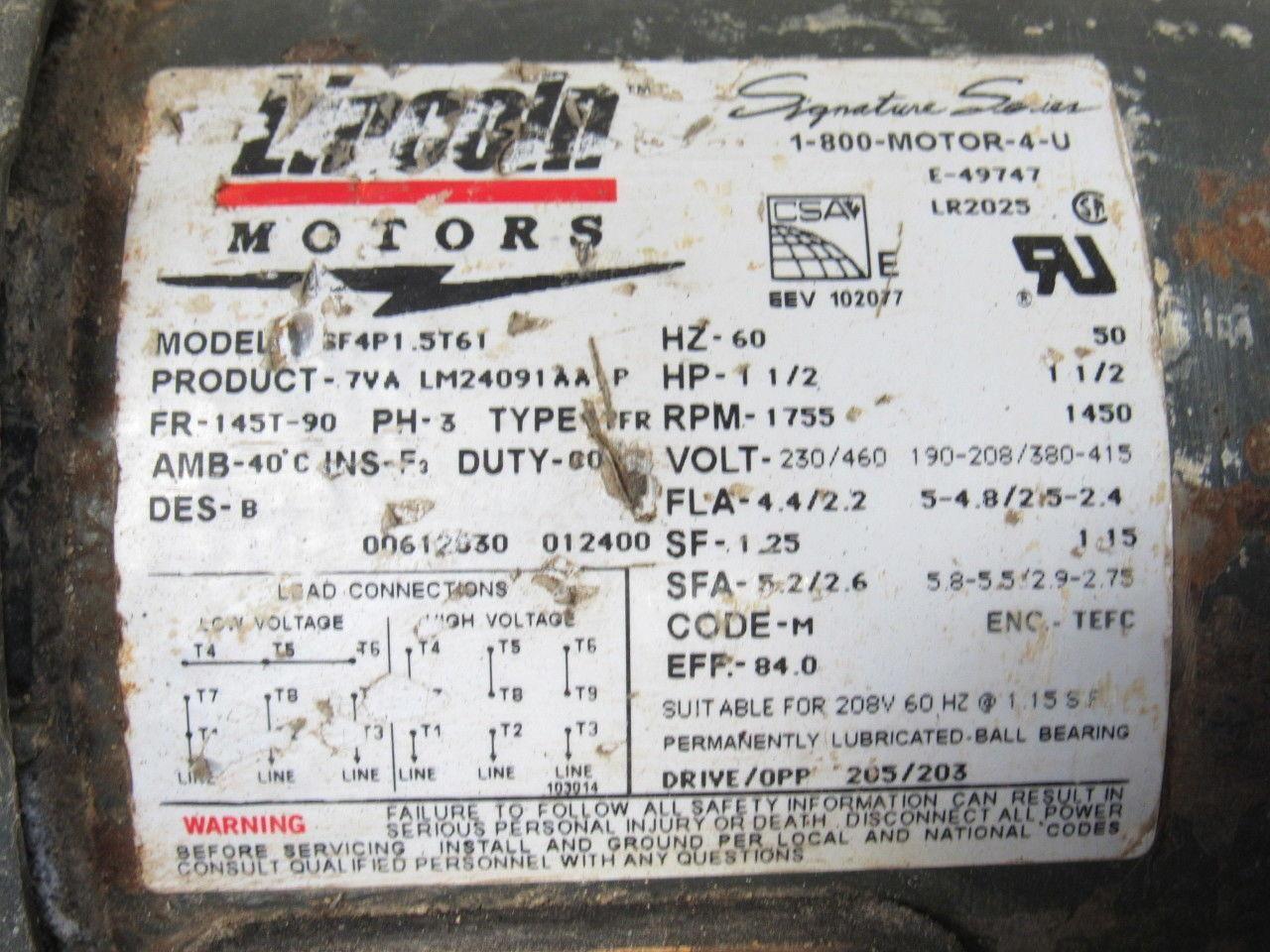 Lincoln Motors SSF4P1.5T61 LM24091 1.5HP 1755RPM 230/460V 3PH Motor 145T Frame