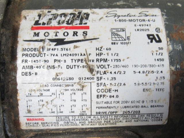 Lincoln Motors SSF4P1.5T61 LM24091 1.5HP 1755RPM 230/460V 3PH Motor 145T Frame