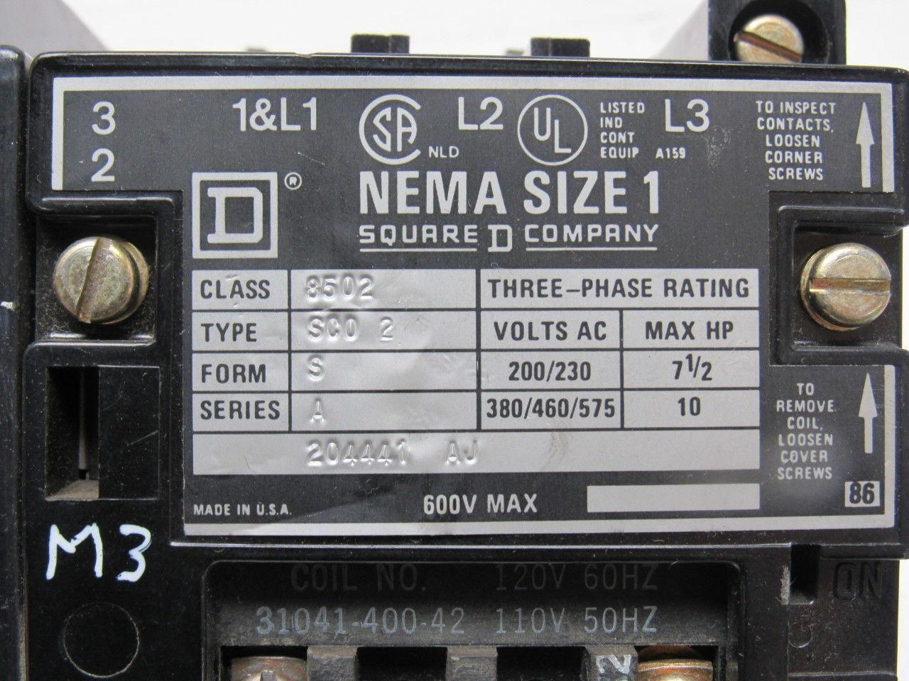 Square D Class 8502 SCD2 Ser A 600V 10Hp Contactor 120V Coil Adder Pole