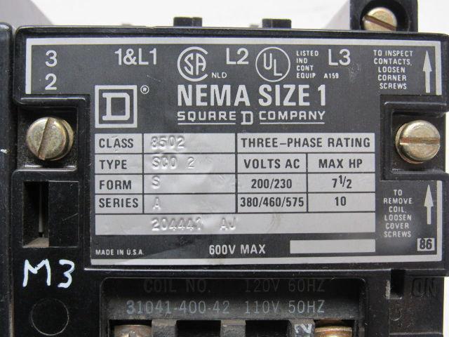 Square D Class 8502 SCD2 Ser A 600V 10Hp Contactor 120V Coil Adder Pole