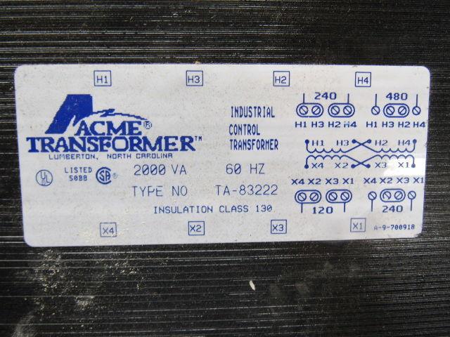 Acme TA-83222 240/480V Pri 120/240V Sec Transformer 2000VA 60Hz