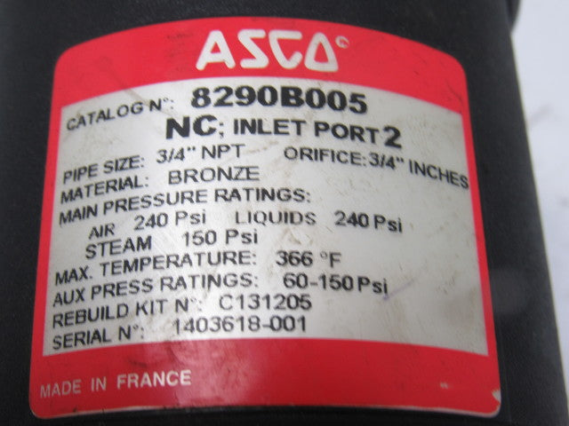 Asco 8290B005 Normally Closed Entry Under the Disc Angle Body Piston Valve 3/4"