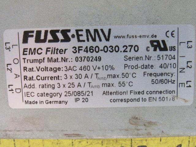 Fuss EMV 3F460-030.270 Trumpf Nr. 0370249 3AC 460V 3x30A EMI Filter